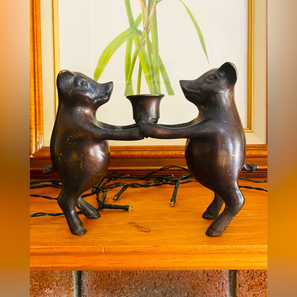 Pig Candlestick Holder, dark brass